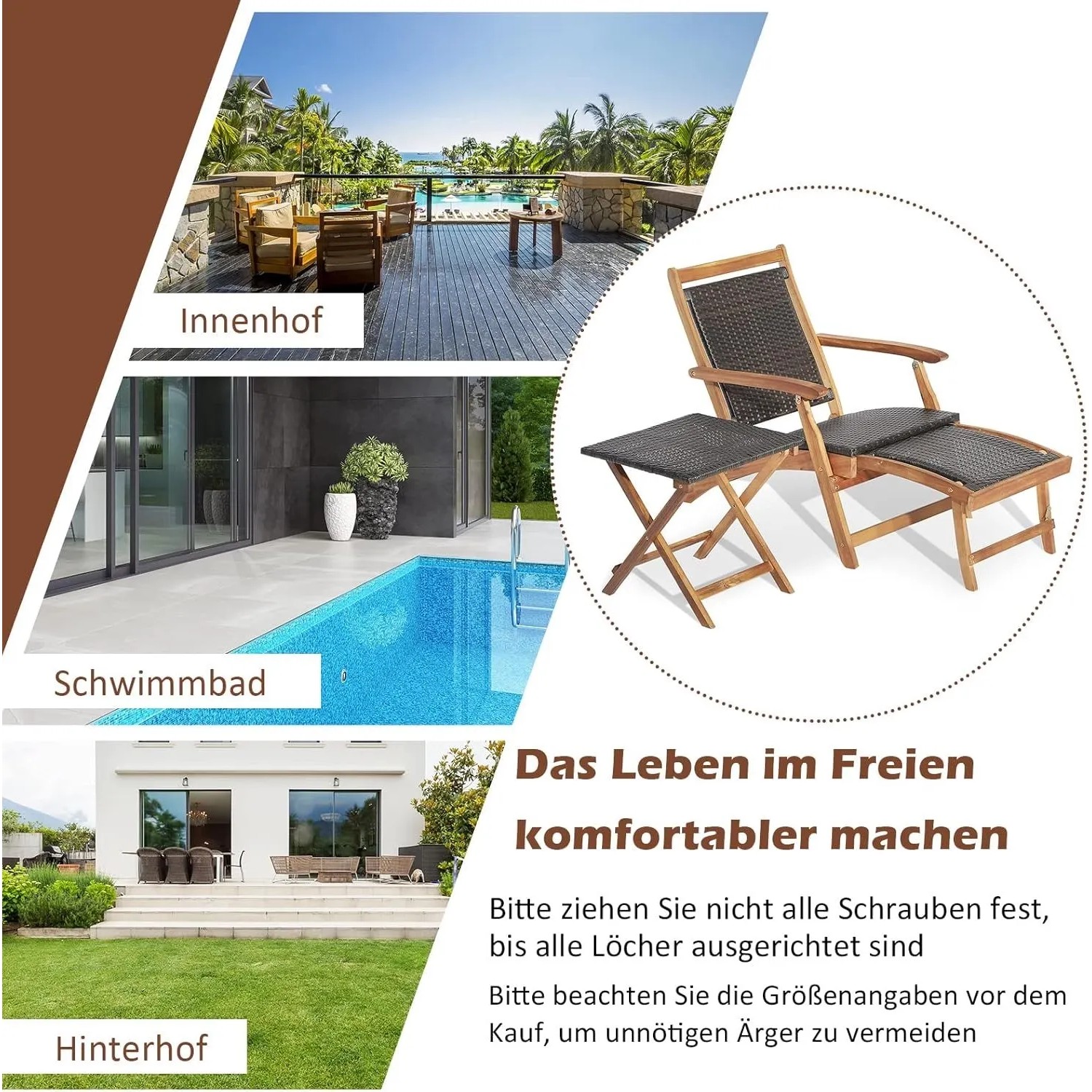 Rattan Sonnenliege mit ausziehbarer Fußstütze und klappbarem Beistelltisch. Set aus Akazienholz und PE-Geflecht.
