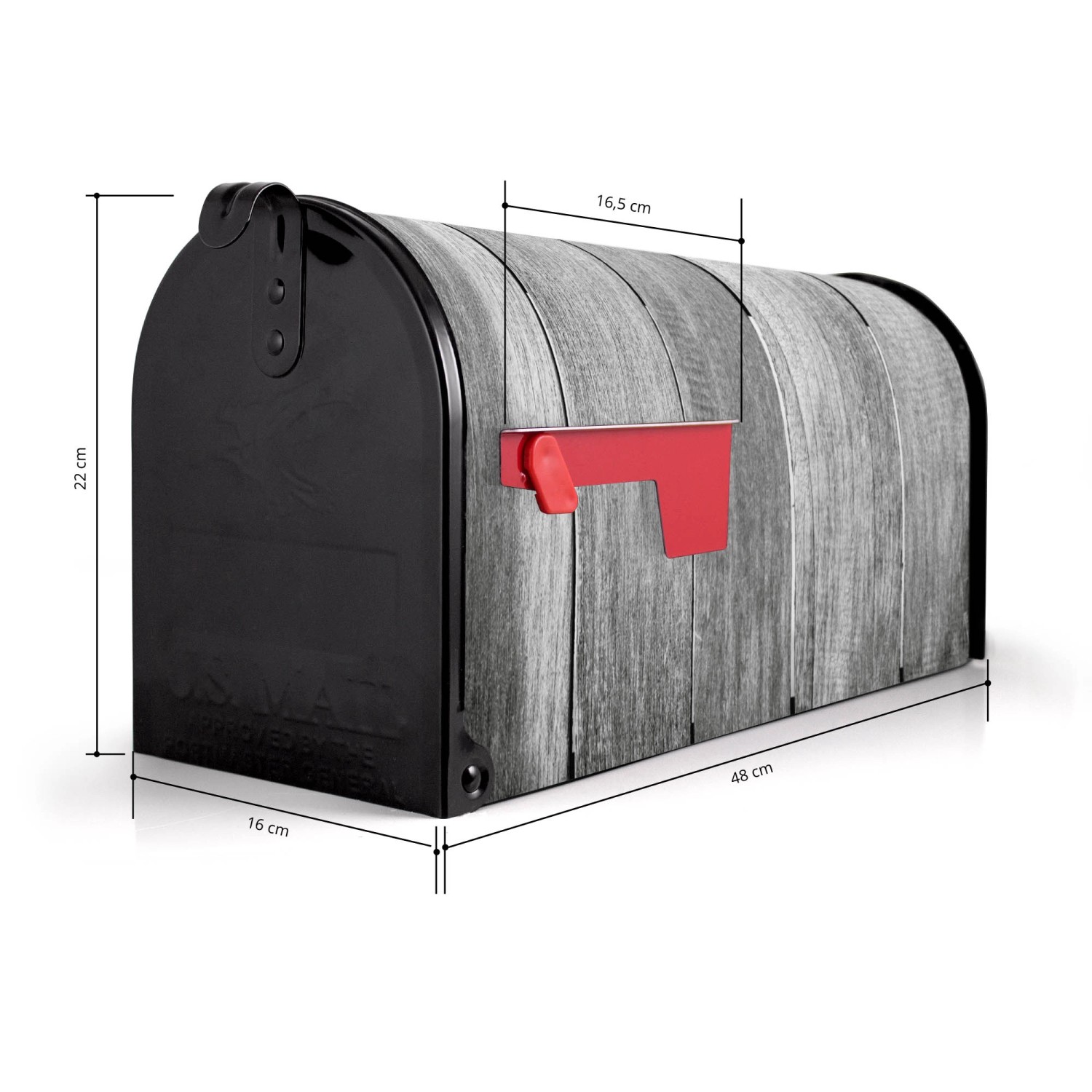 Schwarzer US Briefkasten mit Holz-Motiv, roter Fahne und Maßangaben. Ideal als Wand- oder Standbriefkasten.