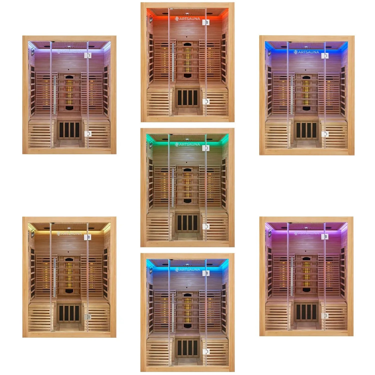 Artsauna Helsinki 150 Infrarotkabine mit LED-Farblicht und Hemlockholz, verschiedene Farbvarianten.