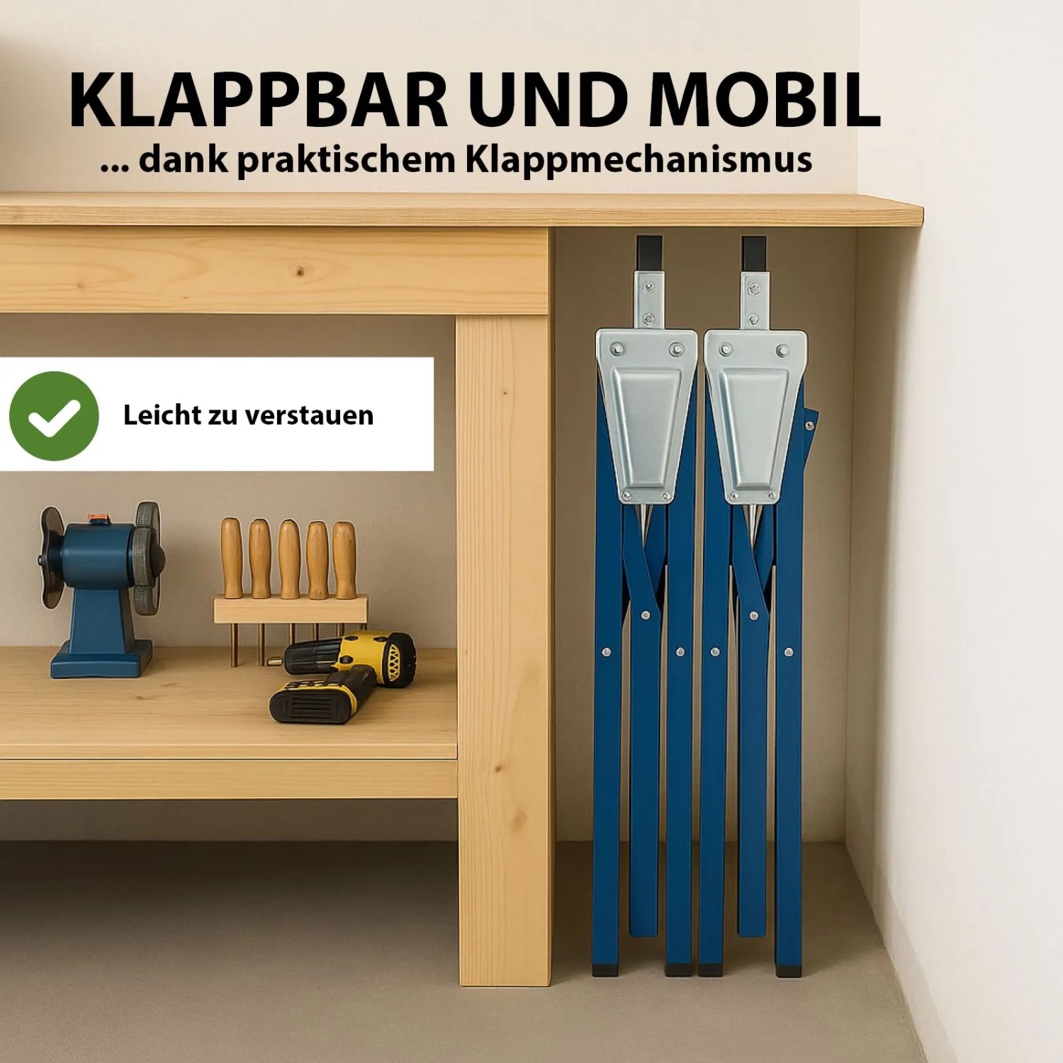 Zwei blaue, zusammengeklappte TRUTZHOLM Arbeitsböcke aus Stahl unter einer Werkbank.
