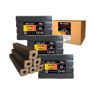 PINI Kay 22,5 kg Eichenholzbriketts, viereckig mit Zugloch, in 3x 7,5 kg Packungen. Für Kamin, Ofen, Grill.