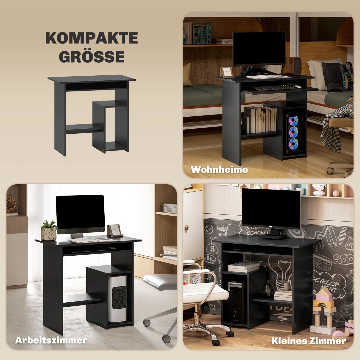 HOMCOM Schreibtisch 113cm - Computertisch Mit Regalen Und CPU-Ständer