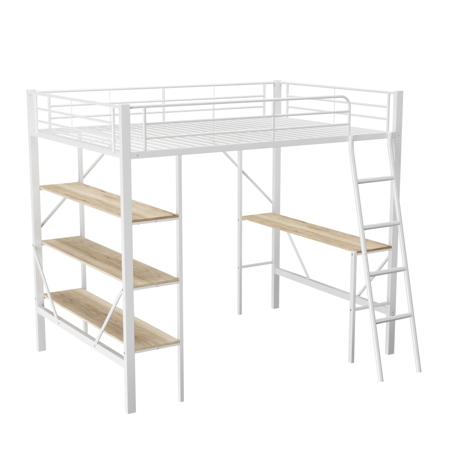 KOMHTOM Hochbett Metallbett 90x200Cm Eisenbett Bettgestell Mit Schreibtisch Und Drei Großen Ablagen Kinderbett Weiß Ohne Matratze