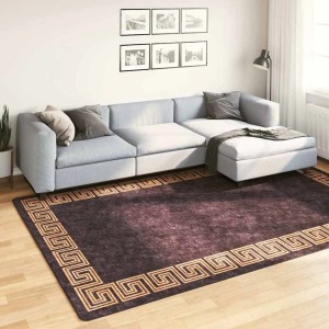Waschbarer, rutschfester Teppich in Schwarz und Gold (190x300 cm) mit griechischem Muster im Wohnzimmer.