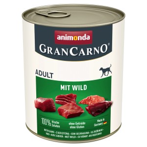 Gran Carno Adult Wild Hunde-Nassfutter, 800g Dose mit Fleischstücken.