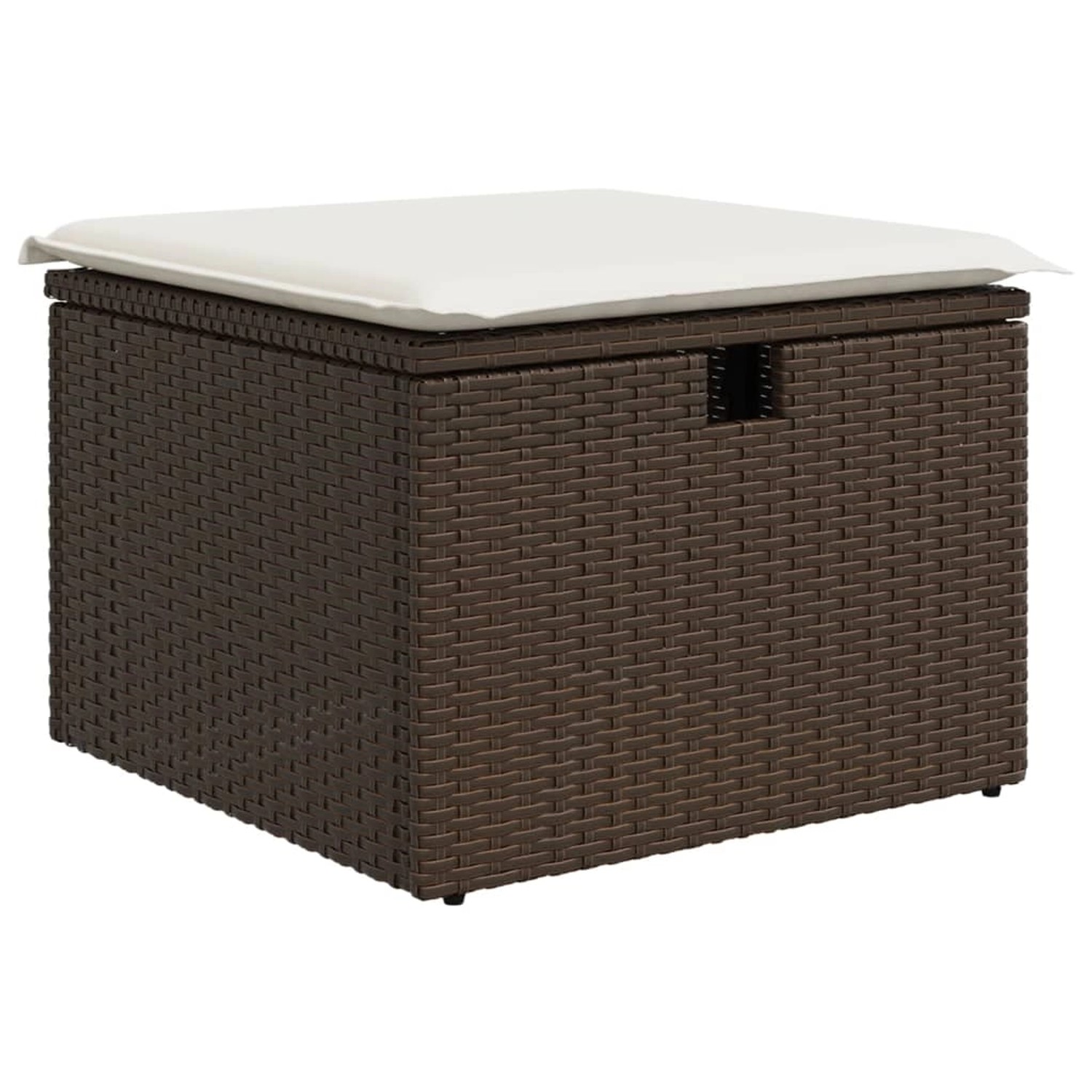 Brauner vidaXL Gartenhocker aus Rattan mit cremefarbenem Kissen, Teil einer Sofagarnitur.