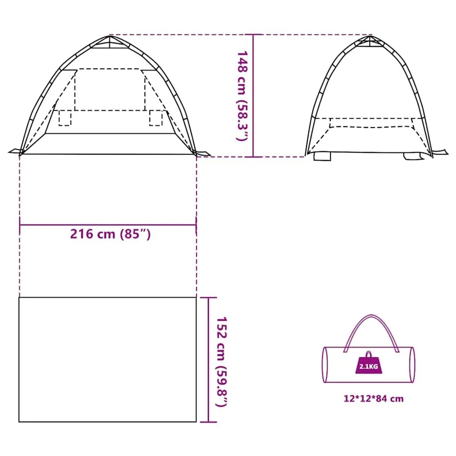 Skizze: vidaXL Strandzelt, grau, für 2 Personen, mit Maßen und Packmaß. Ideal für Camping.