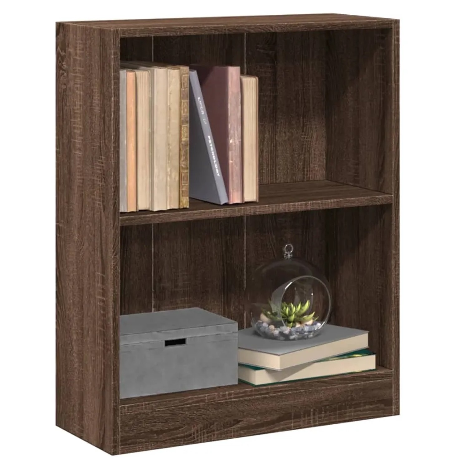 VidaXL Bücherregal in Braun Eichen-Optik mit zwei Fächern, gefüllt mit Büchern und Dekoration.