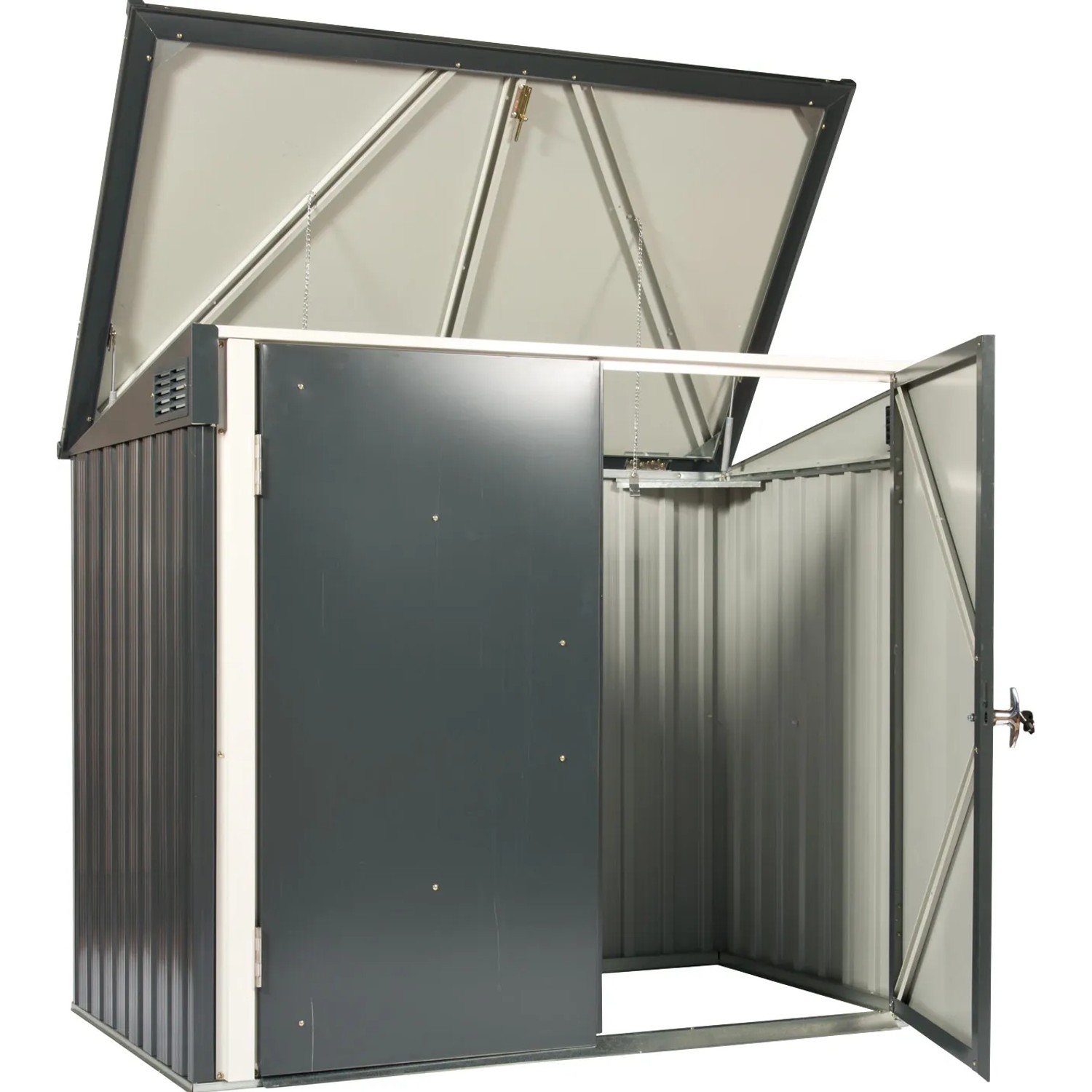 Geöffnete Duramax Mülltonnenbox, 2-fach, anthrazit/weiß, aus Metall.