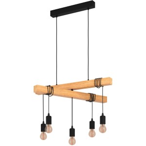 Moderne Eglo Pendelleuchte Townshend mit Holzbalken und schwarzen Fassungen für E27 Leuchtmittel.