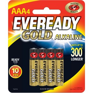 4er-Pack Eveready Gold AAA Alkaline Batterien, ideal für Spielzeug und Fernbedienungen.