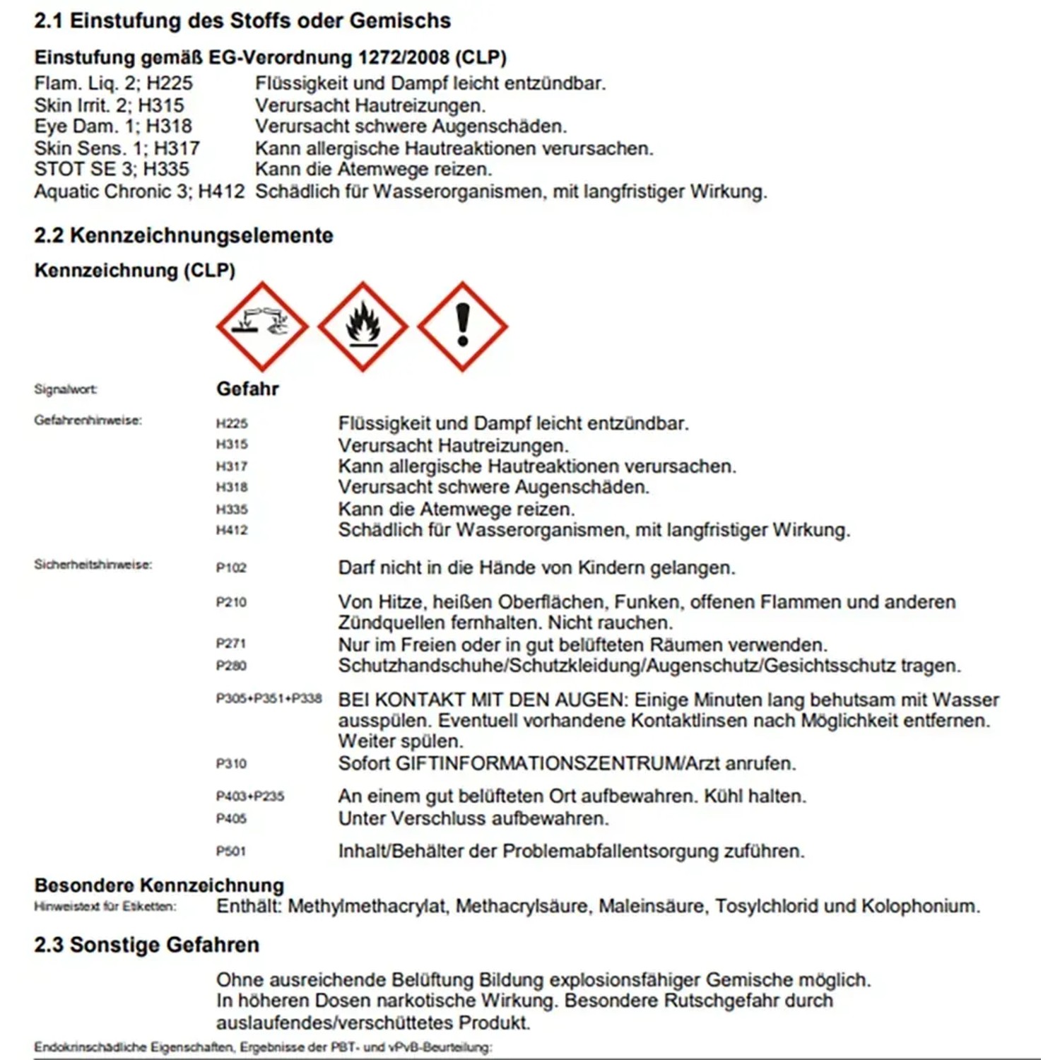 Sicherheitsdatenblatt: Gefahrenhinweise und Sicherheitsvorkehrungen gemäß CLP-Verordnung.