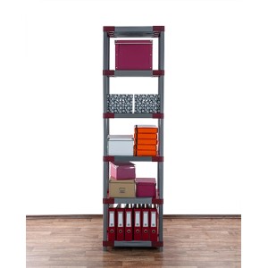 Graues PROREGAL Kunststoffregal Grey Bear Extra-Tall mit sechs Fächern, beladen mit Boxen und Ordnern.