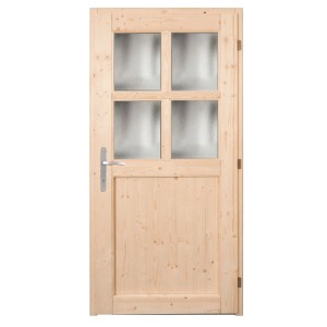 Unbehandelte Panto Nebeneingangstür NET 502 aus Holz mit Lichtausschnitt und Ornamentglas.