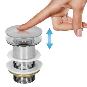 Detailaufnahme Ablaufgarnitur für ML-Design Waschbecken, Bedienung durch Fingerdruck angedeutet.