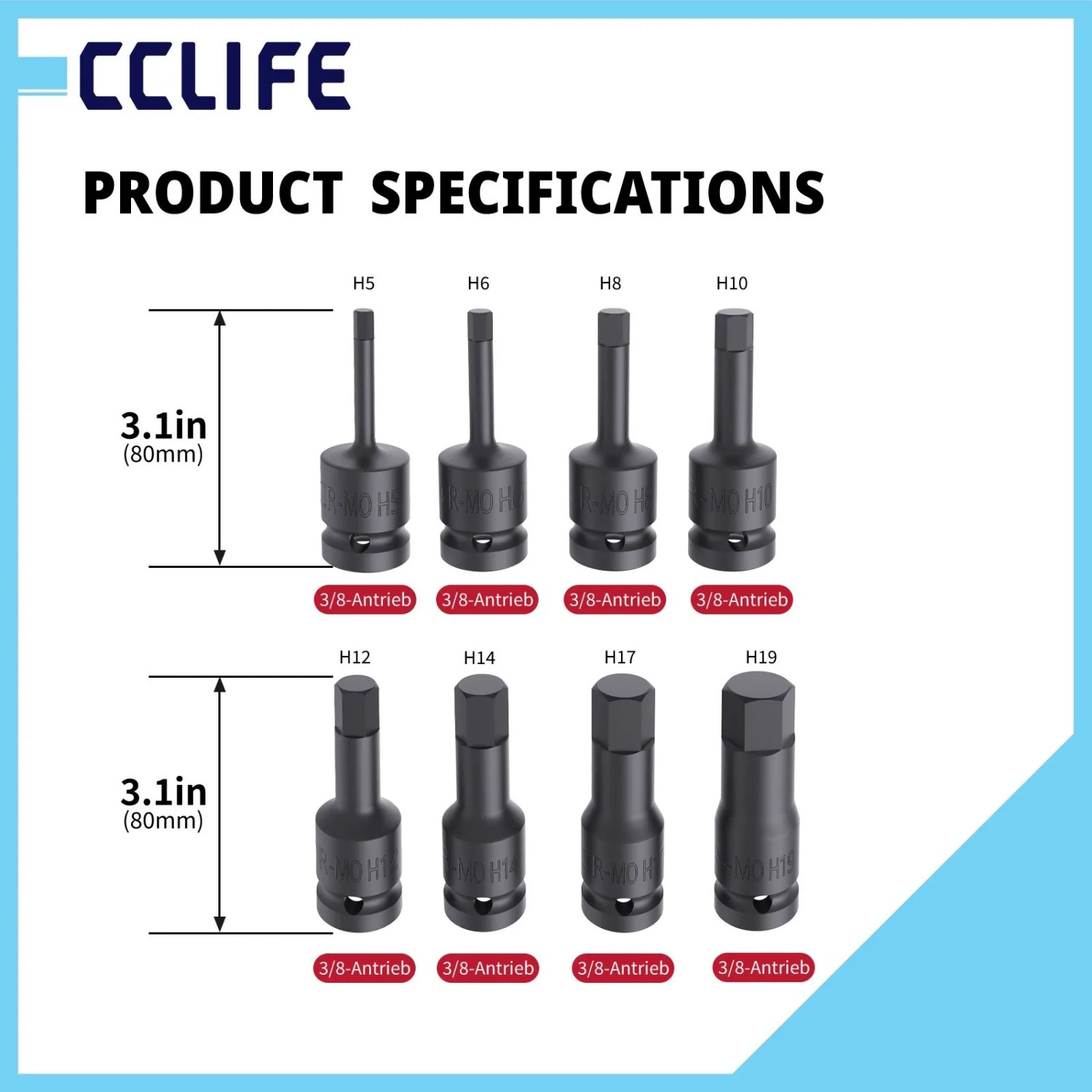 8-tlg. CCLIFE Innensechskant Schlagschrauber Stecknuss Set, schwarz, Größen H5-H19, 1/2 Zoll Antrieb für Werkstatt & KFZ.