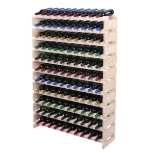 Weinregal VINOTECA FLEX PRO aus Kiefernholz, unbehandelt, für 110 Flaschen auf 11 Ebenen.