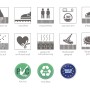 Piktogramme der Eigenschaften der Schöner Wohnen Fußmatte: Nässeaufnahme, Rutschfestigkeit, Waschbarkeit, PVC-frei, etc.
