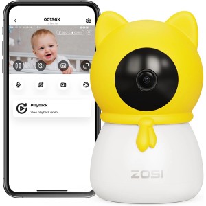 Zosi C516 Babykamera mit gelbem Katzen-Design und Smartphone-App-Ansicht.