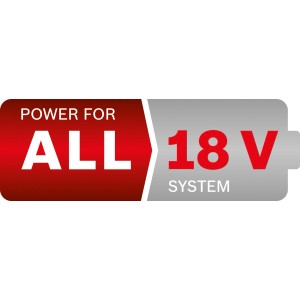 Bosch 18V Akku-System Logo: Power for All, roter und grauer Hintergrund.
