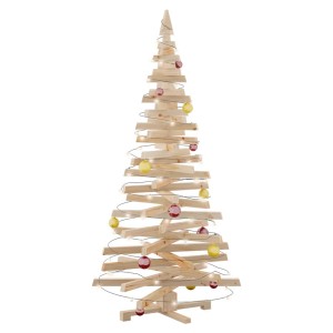 Natürlicher, künstlicher Weihnachtsbaum aus Kiefernholz (180 cm) mit Kugeln und Lichtern.