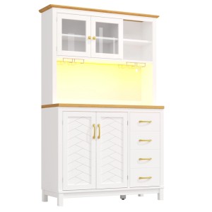 Merax Buffetschrank 105.5x40x180cm  LED-Lichtleiste  Getränkehalter  4 Türen Grün/Schwarz/Weiß