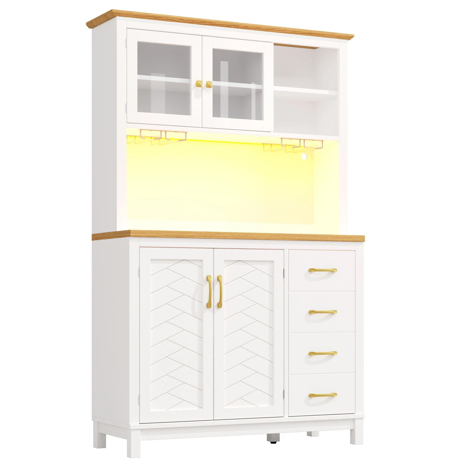 Merax Buffetschrank 105.5x40x180cm  LED-Lichtleiste  Getränkehalter  4 Türen Grün/Schwarz/Weiß