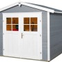 Lasiertes Holz-Gartenhaus Monza von OBI Outdoor Living mit Satteldach und Doppeltür, grau-weiß.