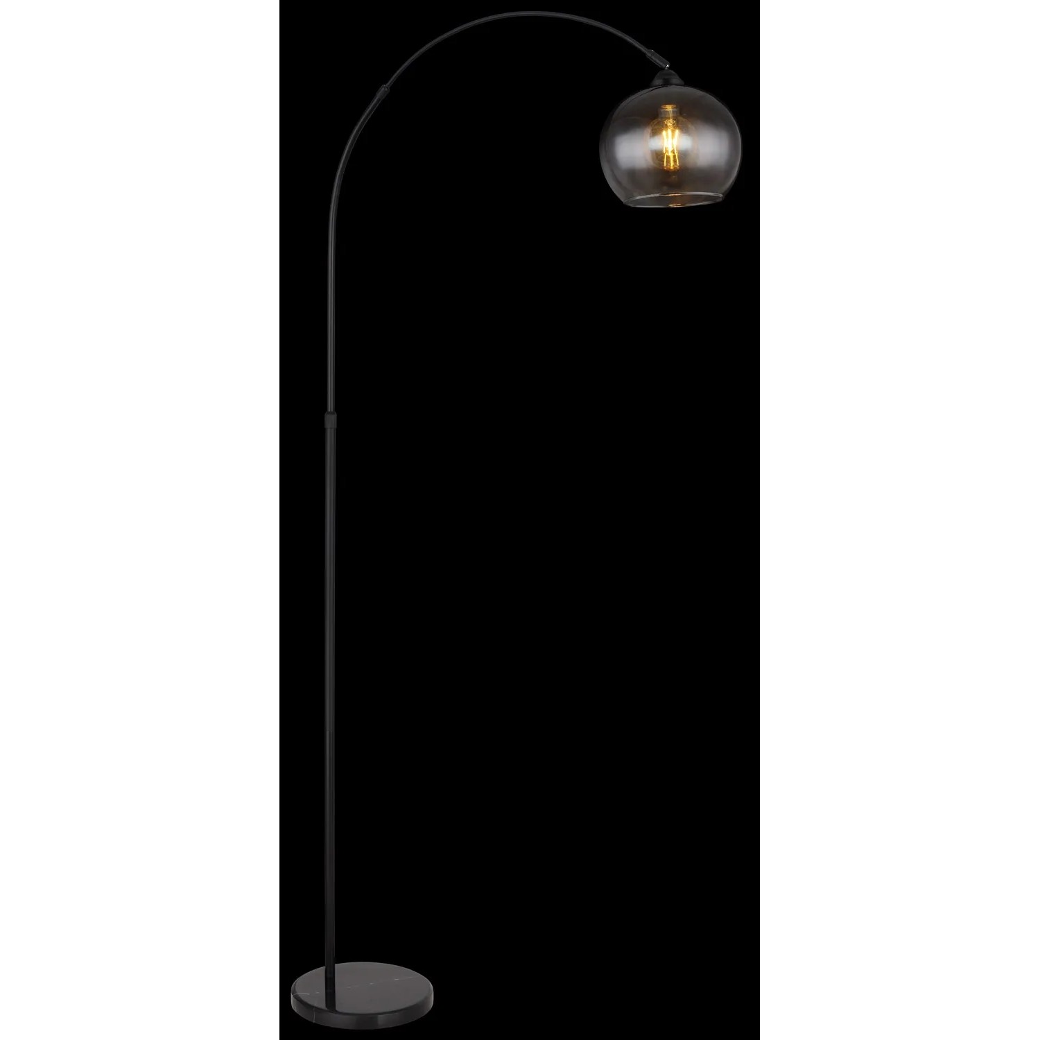 Schwarze Globo Stehleuchte Newcastle mit rauchfarbenem Glasschirm, höhenverstellbar.