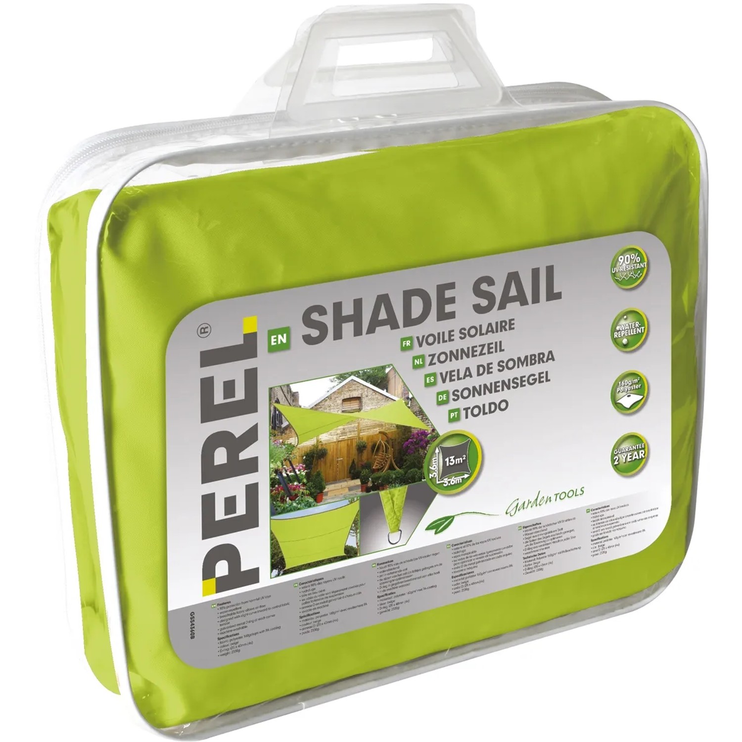 Verpacktes Perel Viereck-Sonnensegel, 500x500 cm, limegrün, UV-Schutz, wasserabweisend.