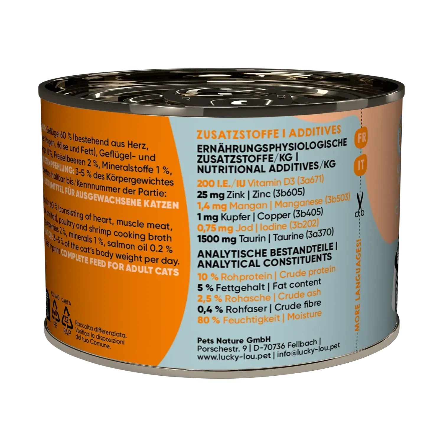 Lucky Lou Katzen-Nassfutter Adult Geflügel & Shrimps, 200g Dose.