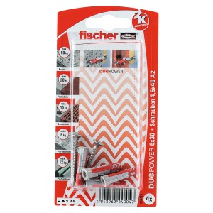 Fischer Dübel DuoPower 6x30 mm, 4er-Set mit Schrauben A2, für sicheren Halt in Voll- und Lochbaustoffen.