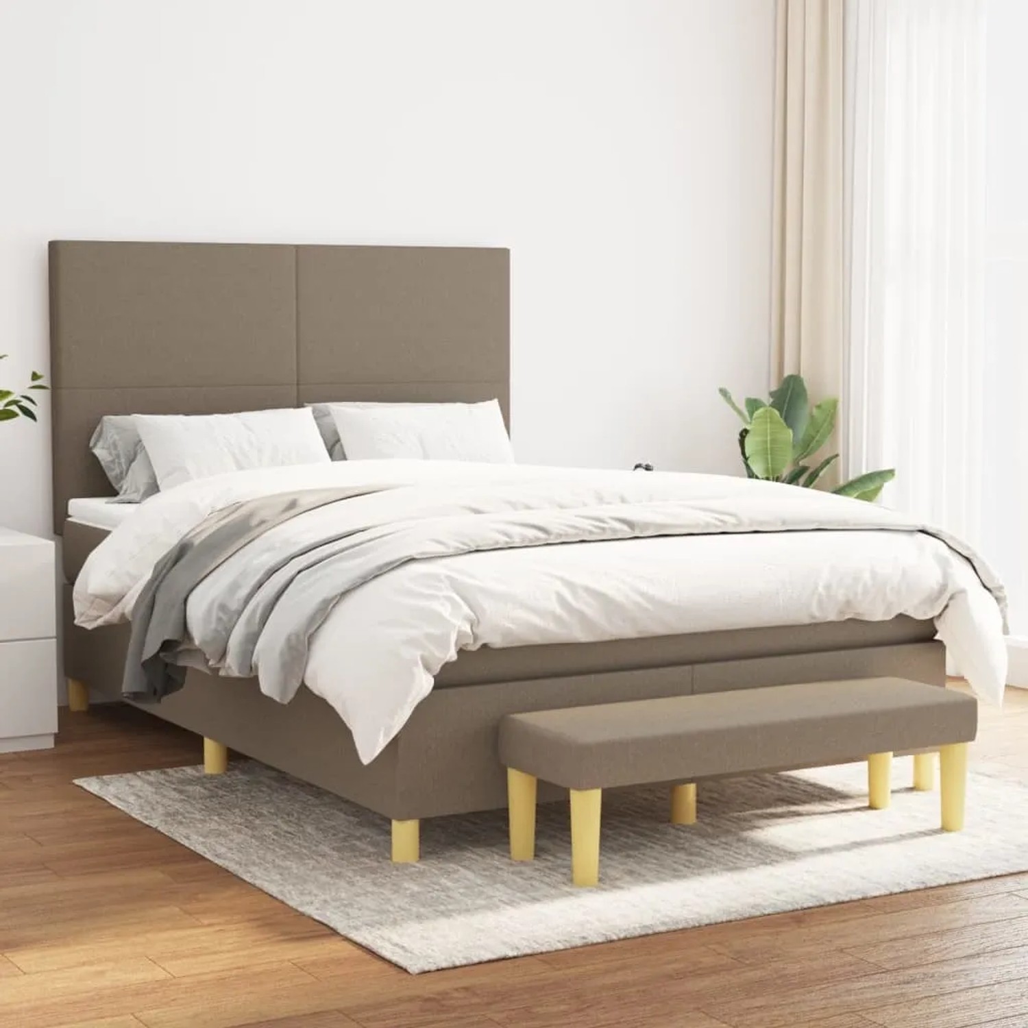 Boxspringbett Taupe (140x200 cm) mit Matratze und Bank. Stoffbezug.
