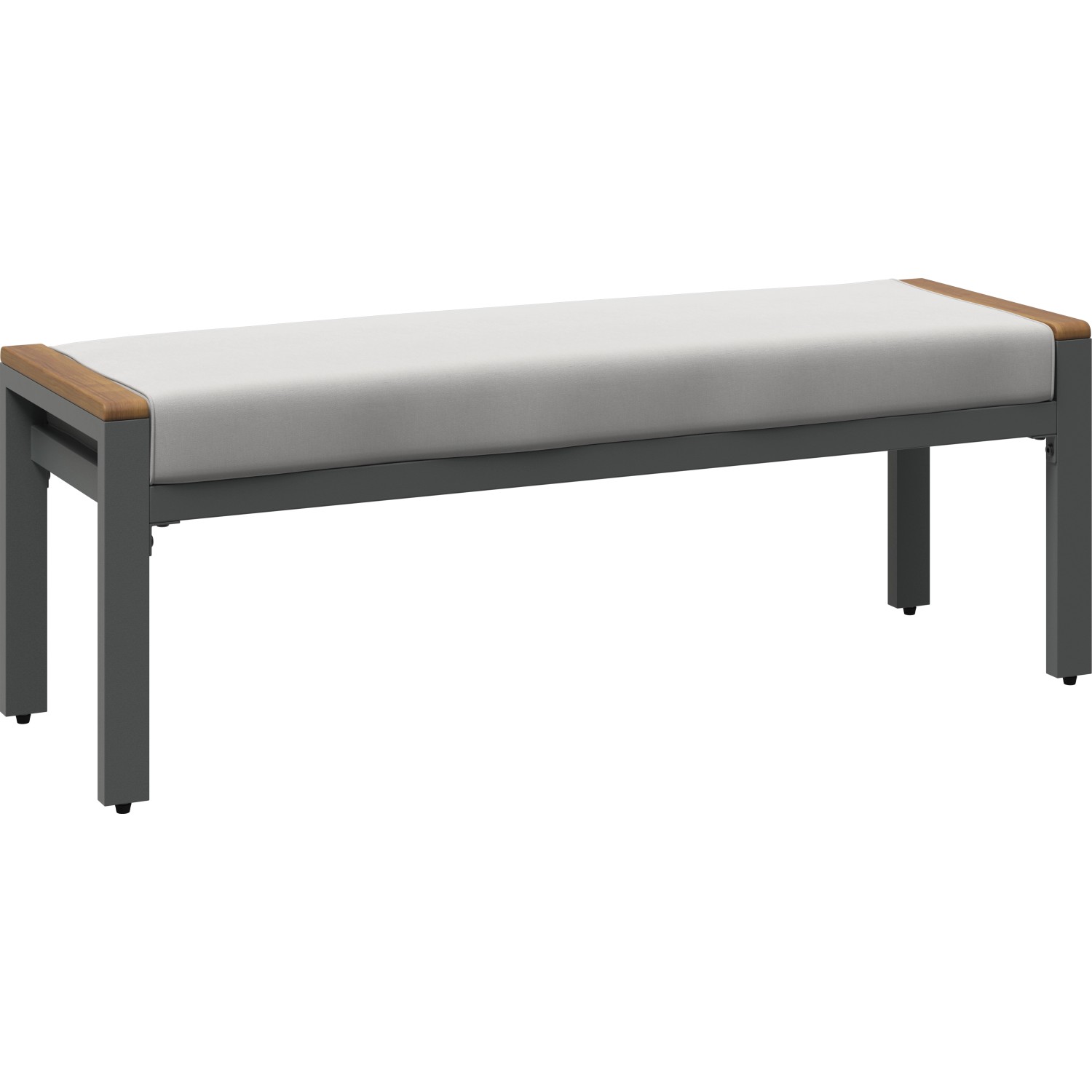 Moonbeam Loungegruppe: 2-Sitzer Bank mit anthrazitfarbenem Gestell, beiger Polsterung und Akazienholz-Details.