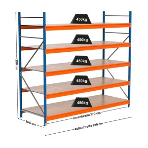 PROREGAL Weitspannregal MAXIMUS PRO Grundregal, 250x275x100cm, mit 5 Spanplatten-Fachböden, blau/orange.
