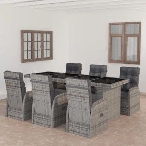 7-tlg. Garten-Essgruppe Grau mit Kissen, Poly Rattan, Tisch mit Glasplatte und verstellbare Stühle.