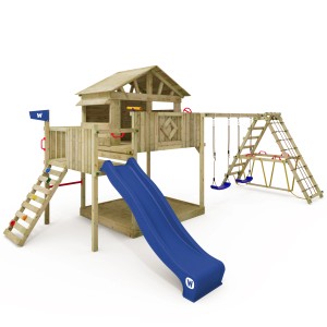 Wickey Spielturm Smart Fjord mit blauer Rutsche, Schaukel und Kletterwand.