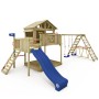 Wickey Spielturm Smart Fjord mit blauer Rutsche, Schaukel und Kletterwand.