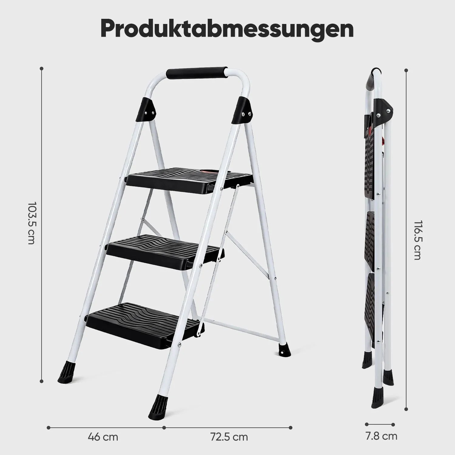 Sekey Klapptritt 3 Stufen, weiß-schwarz, mit Abmessungen im ausgeklappten und gefalteten Zustand. Rutschfest, bis 150 kg.