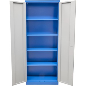 Geöffneter Güde Werkzeugschrank TYP B in Grau-Blau mit 4 Fachböden.