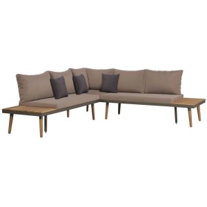Braunes 4-tlg. vidaXL Garten-Lounge-Set aus Akazienholz mit Auflagen und Tisch.