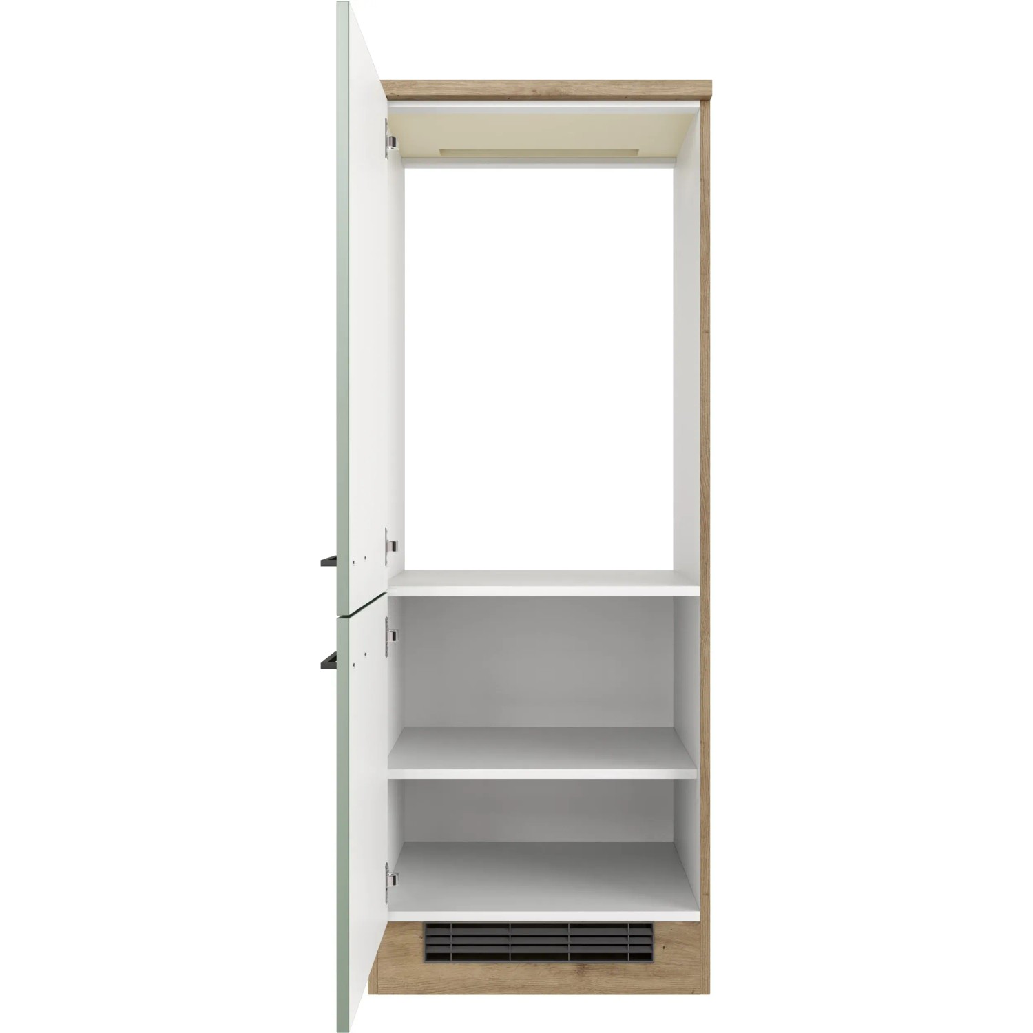 Flex-Well Exclusiv Demi-Geräteschrank Cara, 60cm, Schilfgrün/Artisan Eiche, mit offenstehender Tür und Einlegeböden.