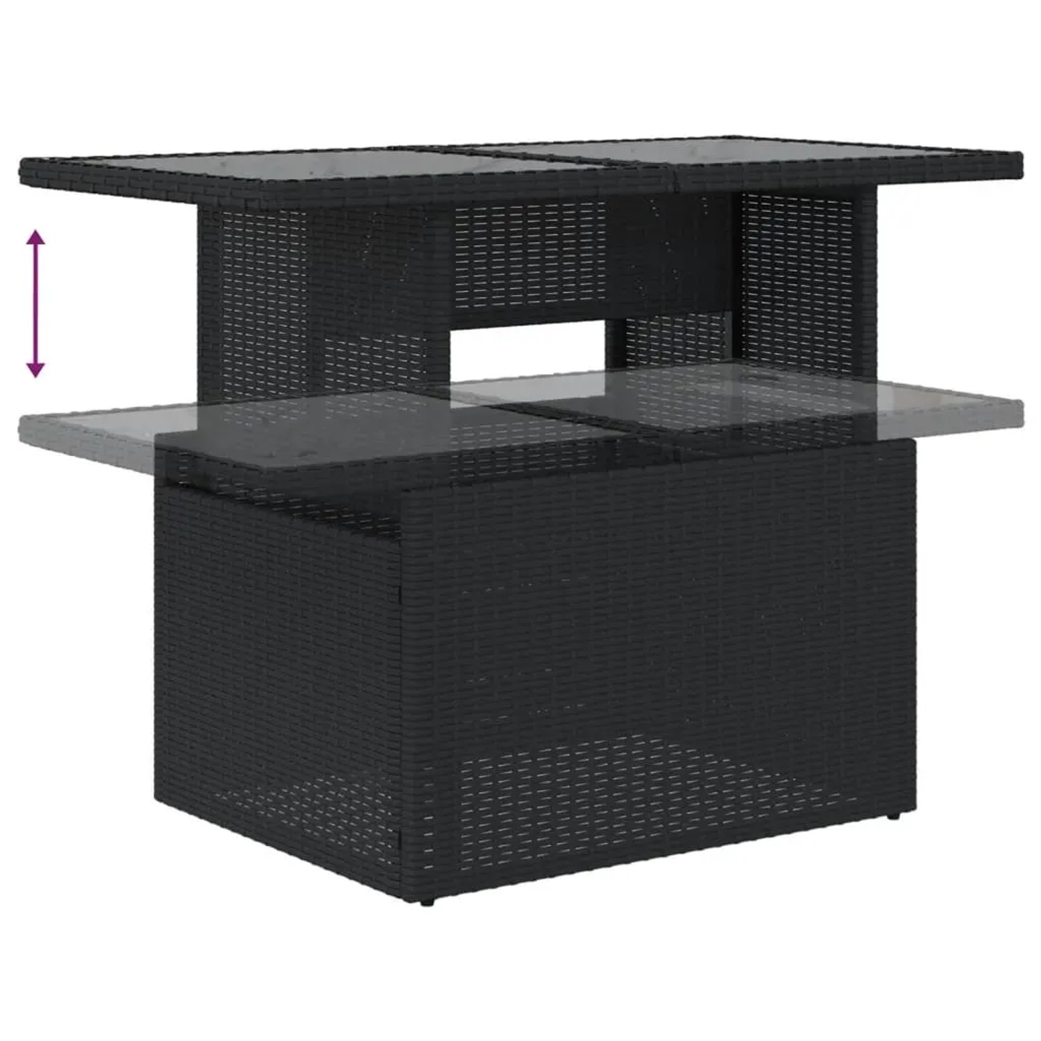 Schwarzer vidaXL Gartentisch mit höhenverstellbarer Glasplatte aus Polyrattan, Teil der 10-tlg. Sofagarnitur.