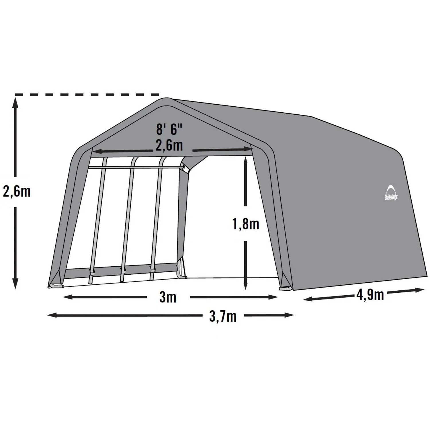 Abbildung der ShelterLogic Garage-in-a-Box 18,13 m² in Grau mit Maßangaben.