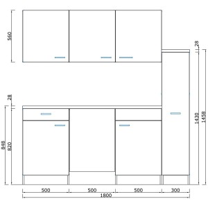 Respekta Küchenzeile KB180WG, 180 cm, grau-weiße Single-Küche mit Maßen.