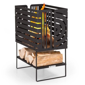 Blumfeldt Krakatoa Feuerkorb aus Stahl mit Holzablage und Laser-Cut-Design.