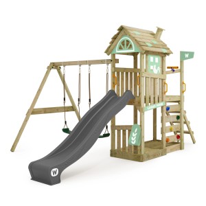 Wickey FarmFlyer Spielturm mit Rutsche und Schaukel in Pastellgrün für den Garten.