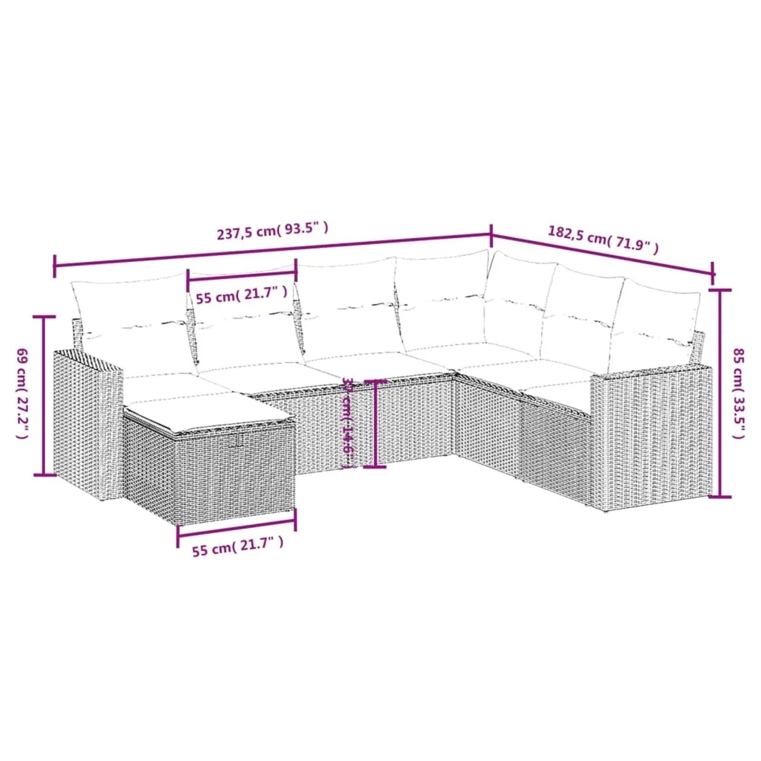 vidaXL 7-tlg. Garten-Sofagarnitur aus schwarzem Rattan mit Kissen, Maße dargestellt.