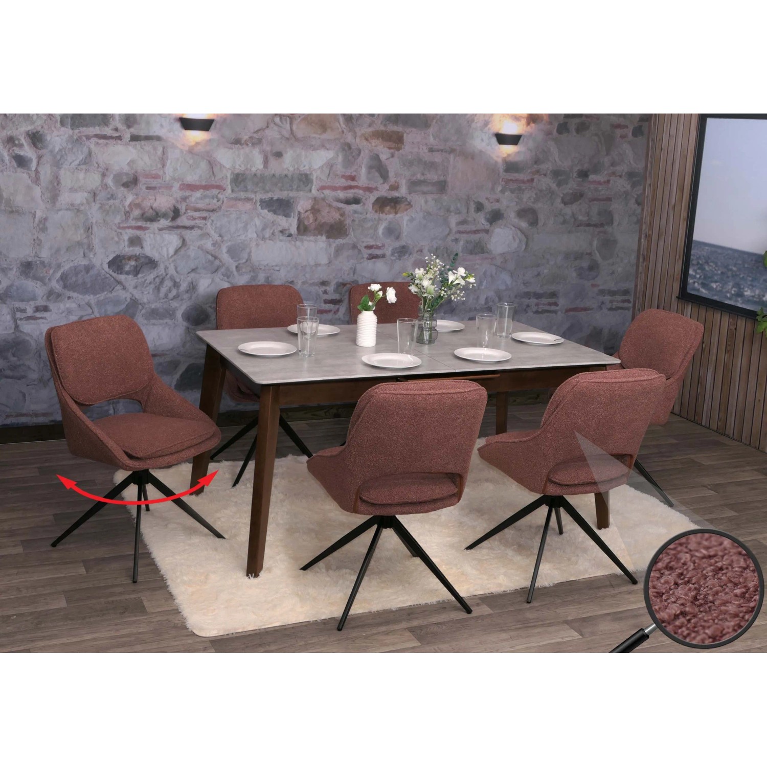 6er-Set: Braune MCW Esszimmerstühle N73 mit Bouclé-Stoff, drehbar und mit Stativgestell.