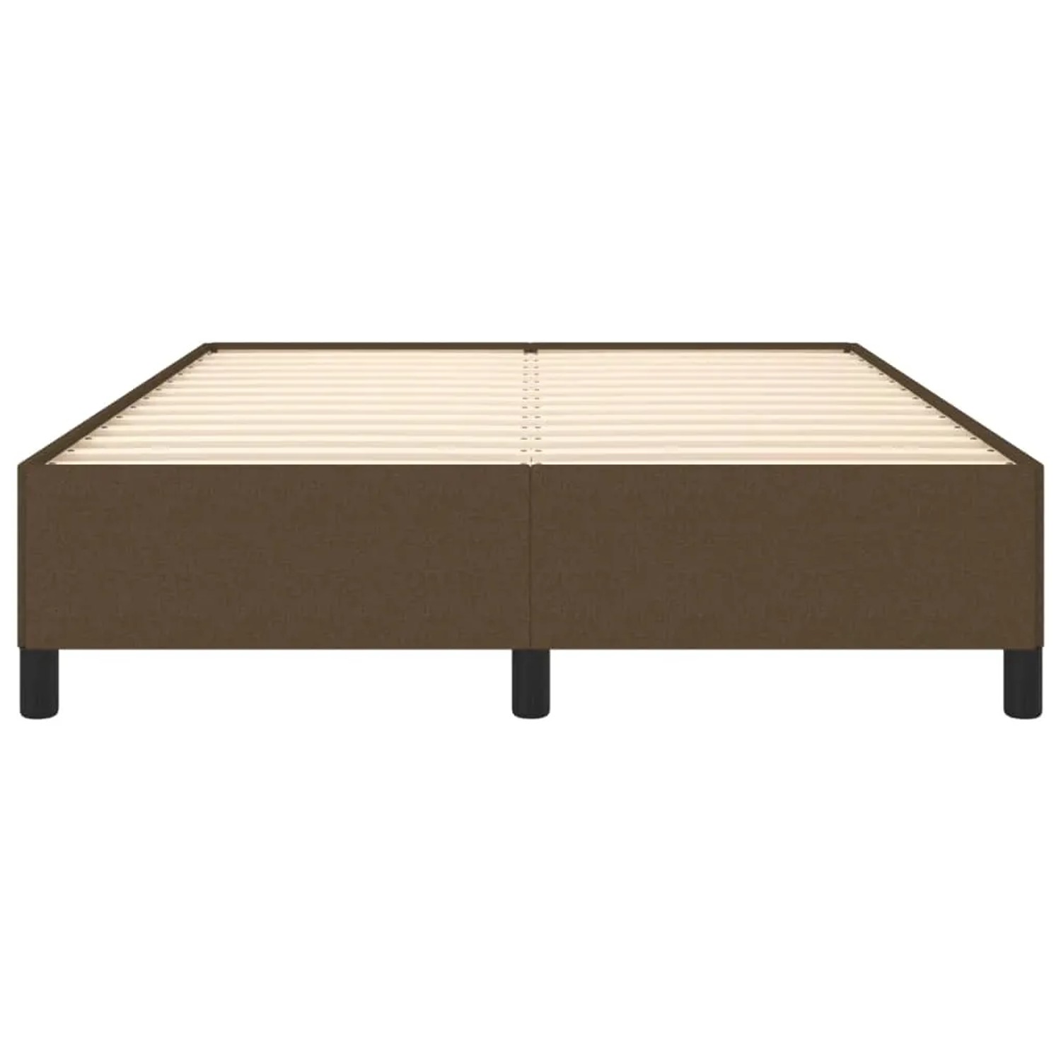 Dunkelbraunes vidaXL Bettgestell (140x190 cm) aus Stoff mit Lattenrost und Füßen.